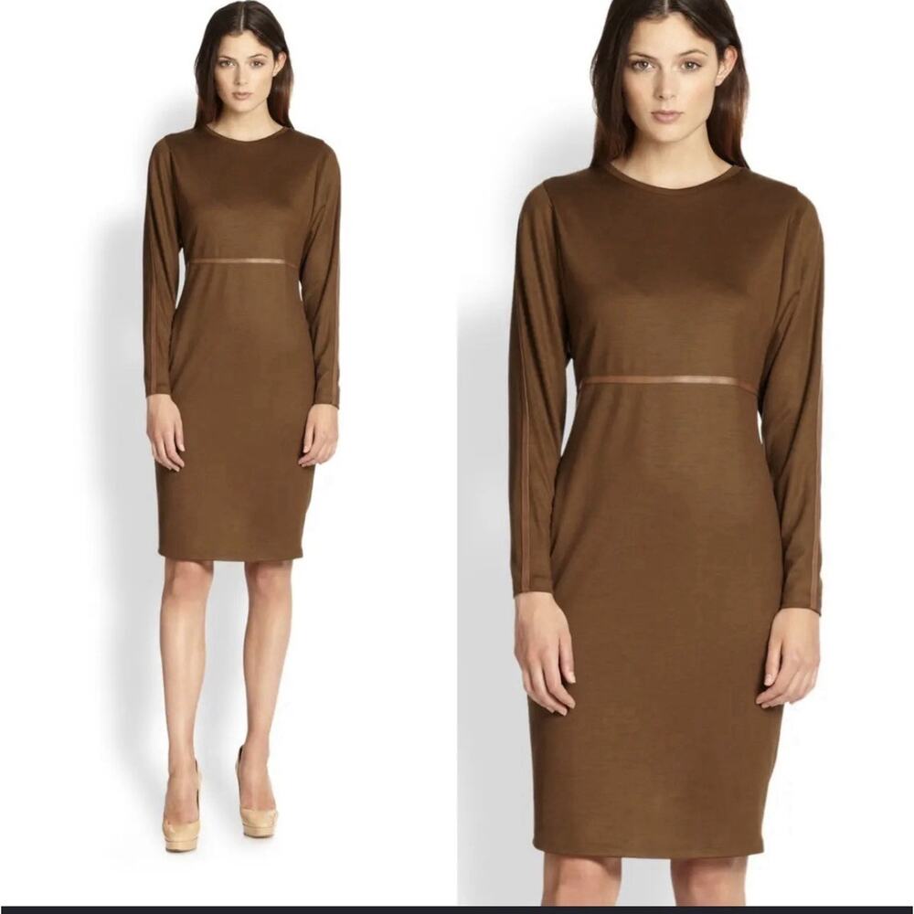 Max Mara Women Sz 40 Brown Wool Dress Leather Trim Minimalist Bodycon Midi Italy